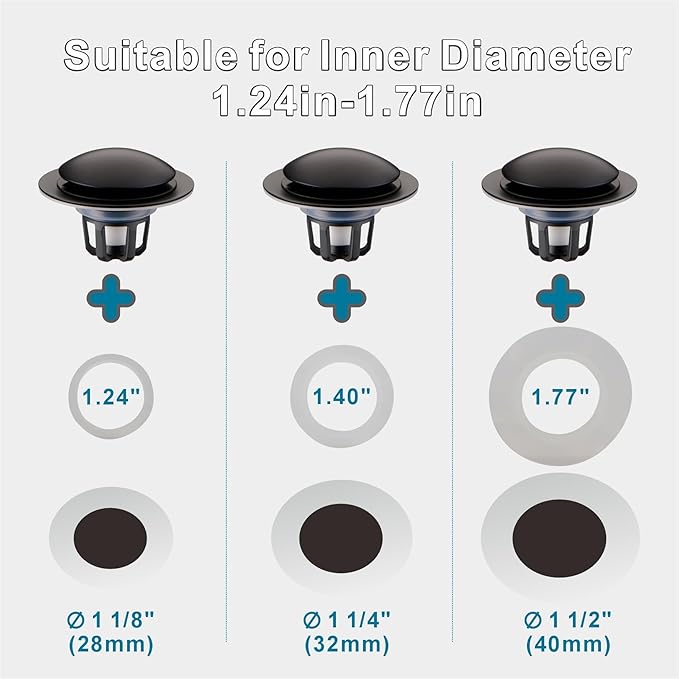 Matte Black Bathroom Sink Drain Stopper,Welsan Universal Pop-Up Drain Stopper Plug Strainer with Hair Catcher for 1 1/8"-1 1/2" Drain Hole-2 Pack