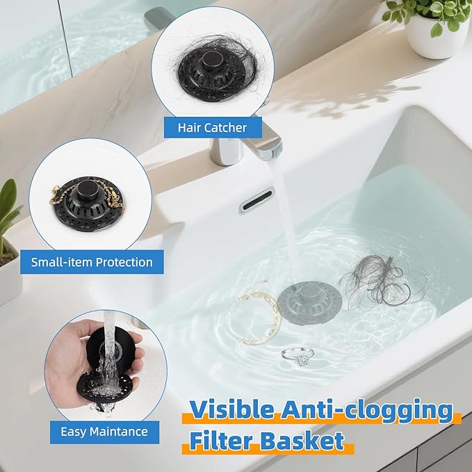 2PACK Universal Bathtub Drain Stopper Shower Hair Catcher Bathroom Sink Strainer, Tub Stopper with Visible Top Strainer, Brass Metal 3 in 1 Stopper for Standard 1.1''~2.36'' Hole, Oil-Rubbed Bronze