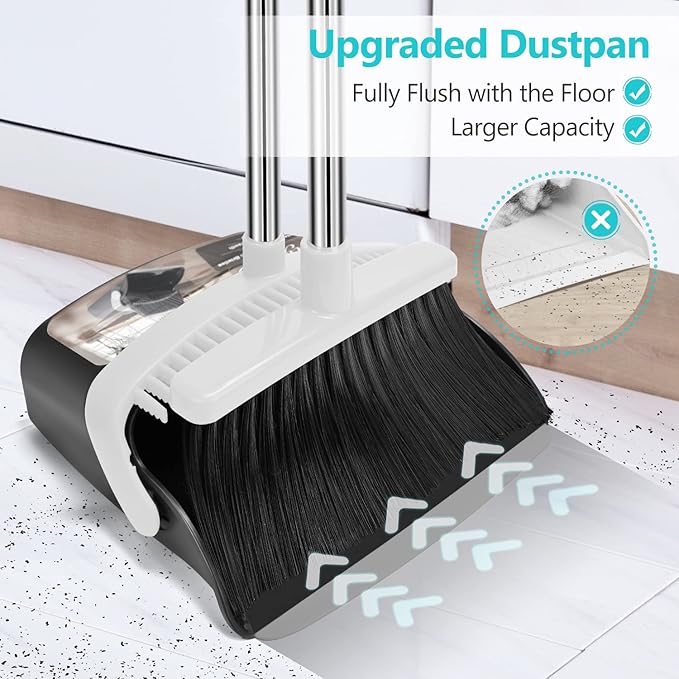 Aifacay Broom and Dustpan Set, Broom with Dustpan Sets, Long Handle Dust Pan, Standing Brooms Combo Set Heavy Duty for Home Kitchen Indoor Outdoor Lobby Office Collapsible Dust pan with Cleaning Teeth