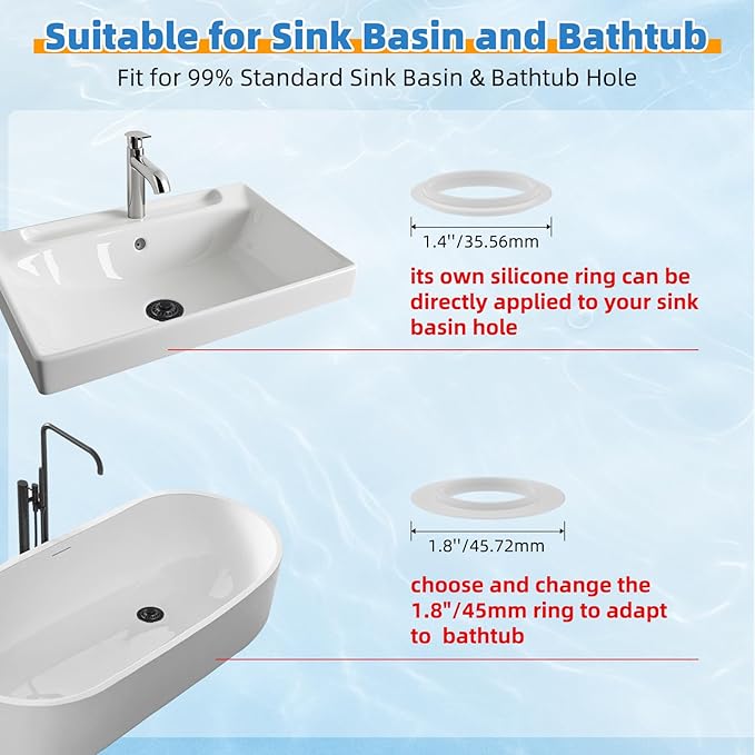 Universal Bathtub Drain Stopper Shower Hair Catcher Bathroom Sink Strainer, Tub Stopper with Visible Top Strainer, Brass Metal 3 in 1 Pop-up Stopper for Standard 1.1''~2.36'' Hole, Matte Black