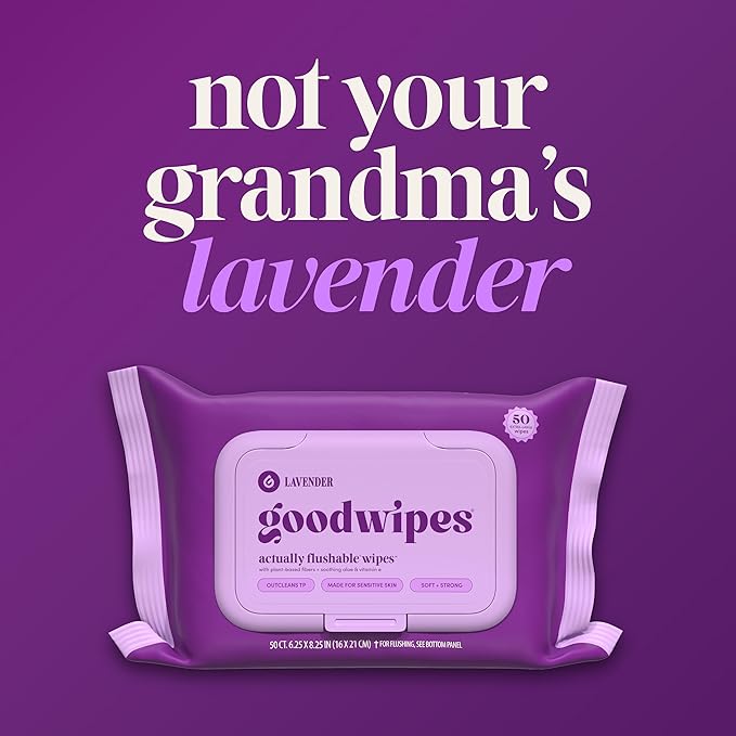 goodwipes Flushable Wipes - Lavender Wet Wipes for Adults, Sewer & Septic Safe, Guest Bathroom Essentials for Women & Men, pH Balanced & Extra Large, 153 Count (3 Packs and 3 Singles)