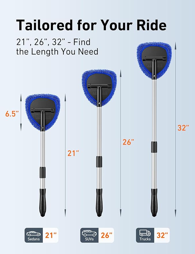 AstroAI 21" Windshield Cleaner Tool, Car Interior Detailing Cleaning Kit with Extendable Handle and 4 Upgraded High-Density Reusable Microfiber Pads, Auto Glass Wiper Brush Kit for Cars, Blue