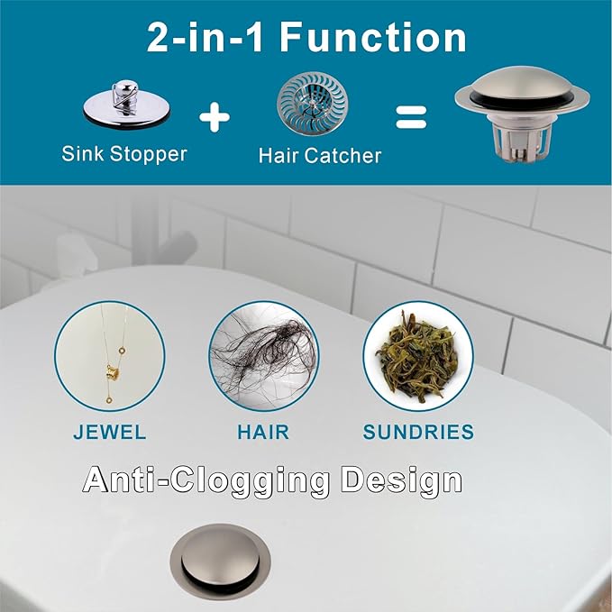 Brushed Nickel Bathroom Sink Drain Stopper,Welsan Universal Pop-Up Drain Stopper Plug Strainer with Hair Catcher for 1 1/8"-1 1/2" Drain Hole-2 Pack