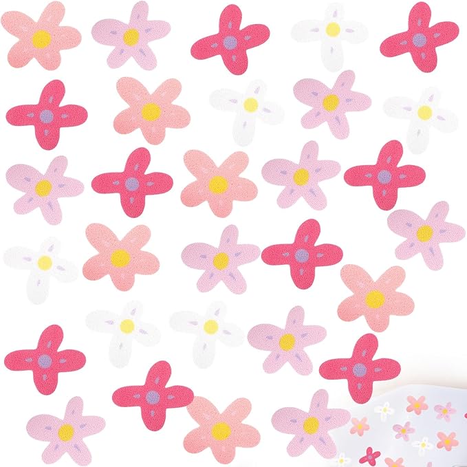 32 Pcs Cute Non Slip Bathtub Stickers for Shower Colorful Bathroom Anti Slip Shower Stickers Floor Applique Adhesive Decals with Scraper for Bathtub Bathroom Floor Pools (Flower)
