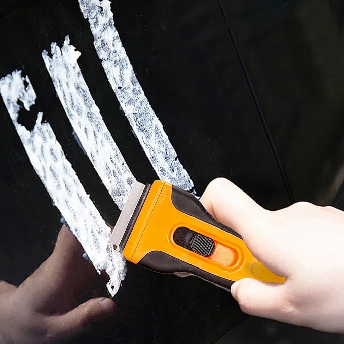 Razor Blade Scraper Tool Cleaning Sticky Residue Cooking Stains Paint on Glass Window Multi-Surface Handy Paint Scraper with 15pcs SK5 Blades 2pcs Crevice Cleaning Brush Included