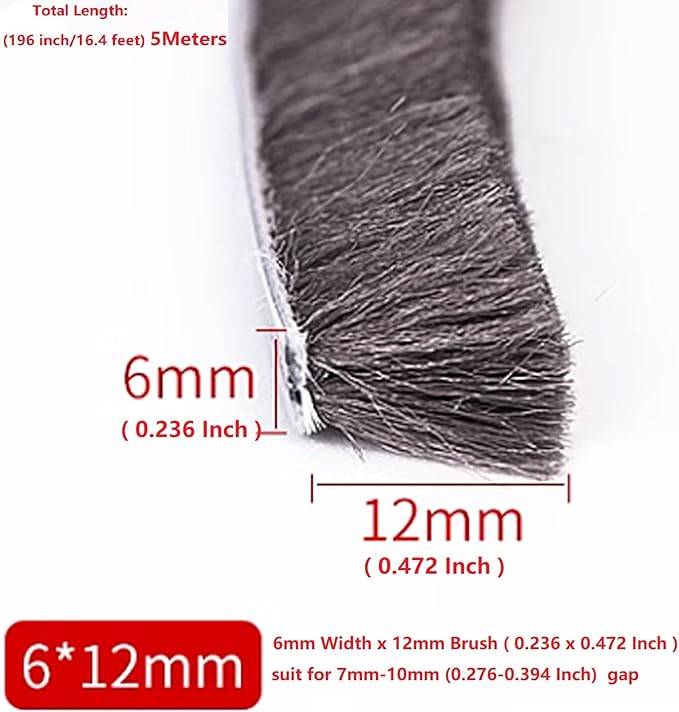 16 Ft (5m) 196 Inch Sliding sash Windows Doors Tape Pile Draught excluder Brush Seal Strip weatherstrip 6mm x 12mm (1/4 1/2 Inch, Gray)