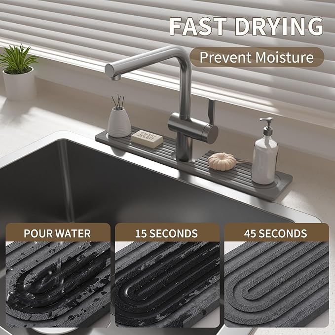 Faucet Mat for Kitchen Sink, Diatomite Stone Drying Sink Protectors, Bathroom Faucet Splash Guard, Quick Dry Water Absorbing, Non-Slip Stone Tray for Kitchen Counter, Grey, 23.6" x 3.9"
