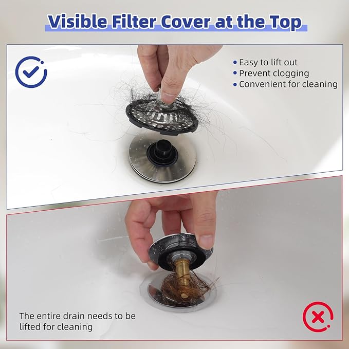 Universal Bathtub Drain Stopper Shower Drain Hair Catcher, Tub Stopper with Visible Top Strainer, Upgraded 3 in 1 Pop-up Drain Plug Fit for 1.5 to 2.4" Hole, Stainless Filter Basket, Brushed Nickel