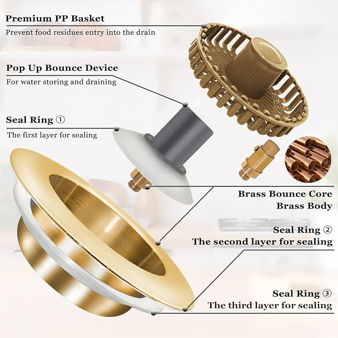 Kitchen Sink Drain Strainer, 3 in 1 Pop up Kitchen Sink Stopper, with an Extra Basket Strainer, for US Standard 3-1/2 Inch Drain, Copper Material, Brushed Gold
