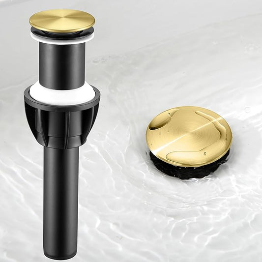 Vessel Sink Drain Without Overflow, Plastic Bathroom Pop up Sink Drain Fit for 1 3/4 Inch Vessel Sink, Built-in Anti Clogging Sink Stopper, Brushed Gold