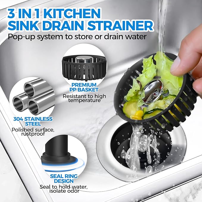 Kitchen Sink Drain Strainer - 3Pack Sink Stopper, Drain Protector, Kitchen Drain Plug & Sink Installation Parts with Anti-Clogging Basket, Fit US Standard 3-1/2'' Sink Drain Hole, Black