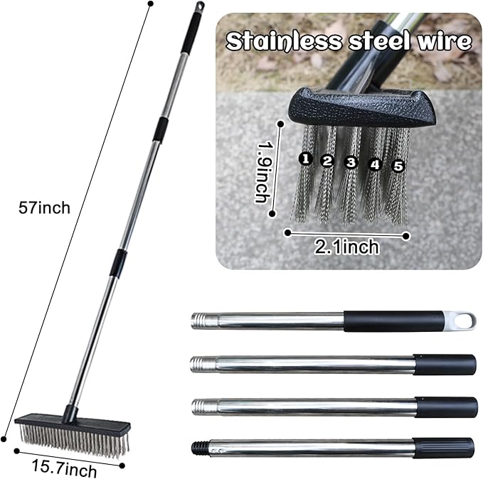 Heavy Duty Wire Push Broom Brush, 15.7" Stainless Steel Bristle Deck Brush with Long Handle for Removing Weeds, Outdoor Broom for Rough Surface Dirt