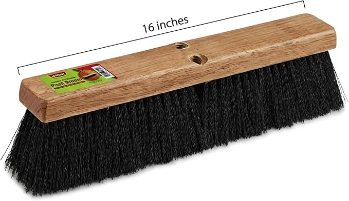 Black Indoor Push Broom Head – Heavy Duty Hardwood Block – Polypropylene Bristles – Deck Scrub Brush – Two Threaded Handle Holes for Better Assist (16")