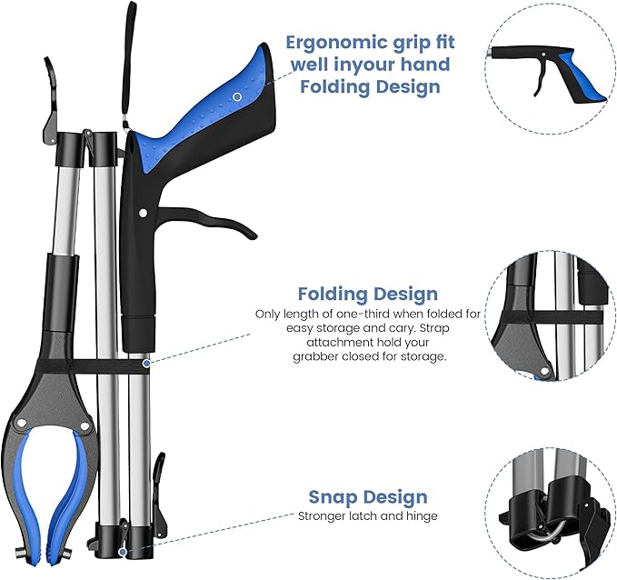 2 Pack 36 Inch Grabber Reacher Tool for Seniors, Foldable Reacher Grabbers Pickup Stick with Anti-Slip 90° Rotating Jaw, 4" Wide Extended Claw with Magnet for Disabled