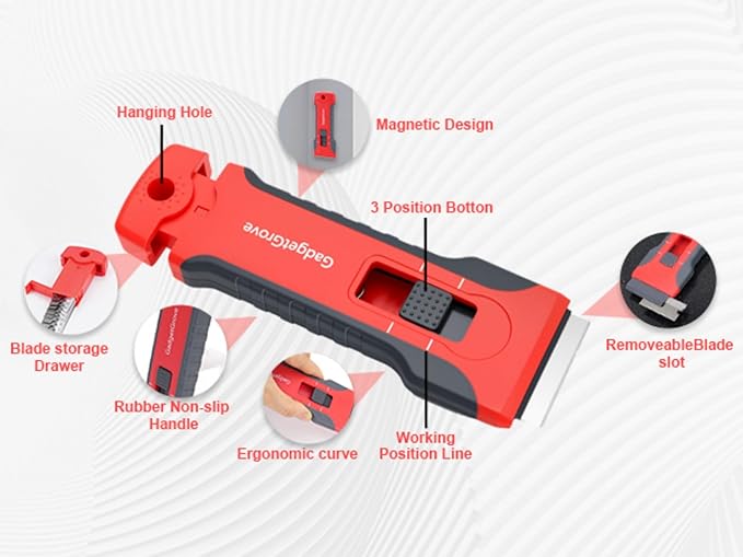 Razor Blade Scraper for Cleaning Glass Window, Cooktop, Oven, Stove, stove top,glass top stoves, Scraper with Buit-In Blade Storage, Upgraded Lock Mechanism, Razor Scraper Buit-In Blade torage, Red