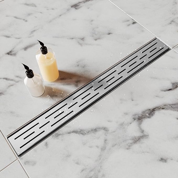 Shower Drain Stainless Steel for Bathroom: Brushed Nickel Linear Shower Drain 18 Inch with Removable Brick Pattern Grate - Adjustable Rectangular Shower Floor Drain with Hair Strainer