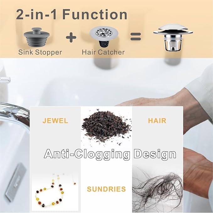 2 Pack Chrome Bathroom Sink Drain Stopper Replacement,Wellup 2-in-1 Bathroom Sink Stopper for 1 1/8"-1 1/2" Sink Drain Hole,Universal Pop up Sink Stopper with Anti-Clogging Strainer