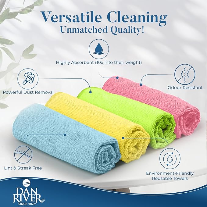 DAN RIVER 24-Pack Microfiber Towels – Ultra Absorbent, Lint-Free & Streak-Free Rags for Cleaning House, Car & Kitchen - Must-Have Cleaning Essentials - 12" x 12" - Assorted
