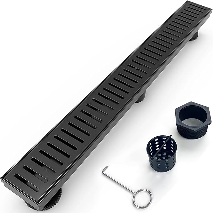 36 Inch Linear Shower Drain Bathroom Kitchen Matte Black Floor Drain Removable Capsule Pattern Cover Accessories Shower Drain 304 Stainless Steel Drain with Hair Strainer Adjustable Leveling Feet