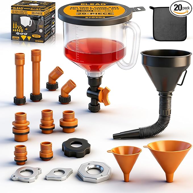20-Piece No-Spill Coolant Funnel Kit, Cooling System Funnels Kits, Spill Proof Funnel Bleeder, Radiator Funnels Kit with Adapters, Extensions, Flexible Hose, Circular-Funnel, Towel for Automotive Use
