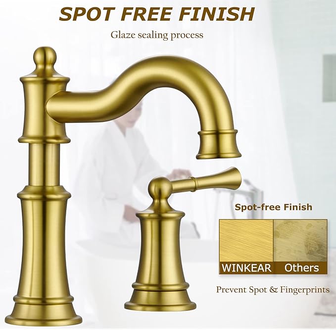 Roman Bathroom Sink Faucet 3 Holes Brushed Gold 2 Handle Widespread 8 inch Deck Mount Installation with Overflow Pop Up Drain Assembly and Water Supply Lines