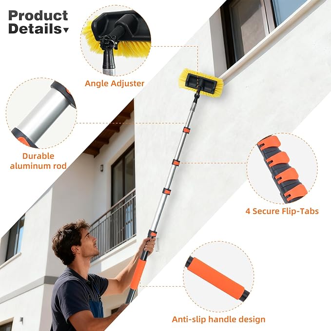 12FT Car Wash Brush with Long Handle, Car Cleaning Brush with 12" Soft Bristle and 12" Hard Bristle, 3-12Ft Telescopic Pole for Scratch-Free Cleaning Truck,RV, Boats,House Siding,Floors,Solar Panels