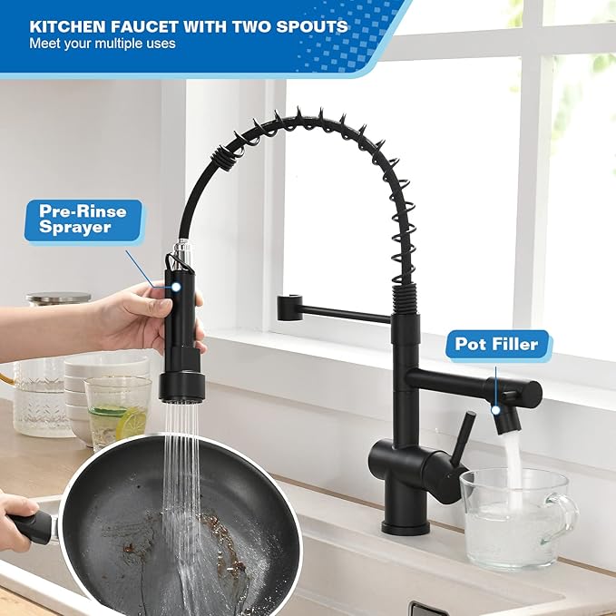 VFAUOSIT Commercial Spring Pull Down Kitchen Faucet with Dual Outlets – Matte Black 360° Rotating Lower Spout + High Pressure Sprayer, Single Handle Lever Stainless Steel for RV Farmhouse Sink