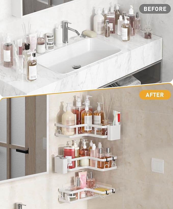 3 Pack Corner Shower Caddy Organizer, Rustproof Corner Shower Shelves, No Drilling Bathroom Corner Shelf with Hooks and Toothpaste Holder