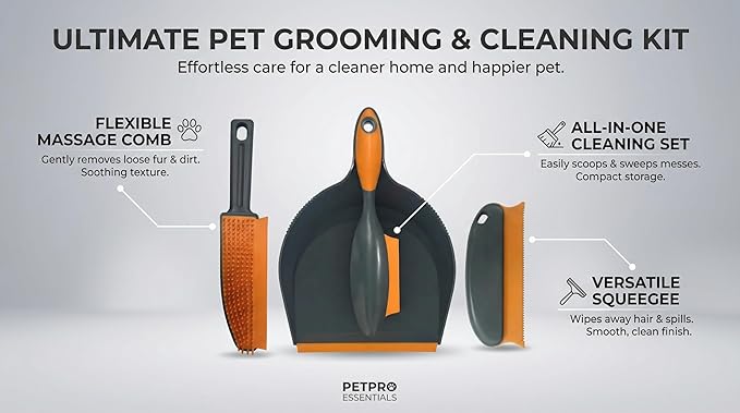 Paws & Co. Pet Hair Remover for Dogs Cats - 4-in-1 Cleaning Kit with Grooming Brush, Massage Comb & Dustpan - Fur Cleaner for Furniture, Carpet, Car, Sofa