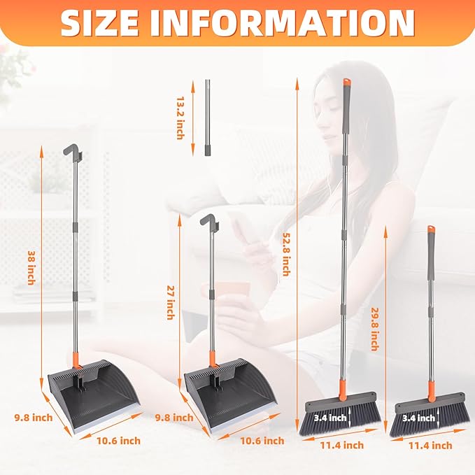 Broom and Dustpan Set, Self Cleaning with Metal Dustpan Teeth, Indoor&Outdoor Sweeping, Ideal for Dog Cat Pets Home Use, Stand Up Broom and Dustpan, Orange&Grey