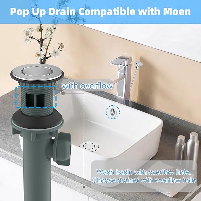 Bathroom Sink Drain with Overflow, 2 Pack Push and Seal Pop Up Drain Stopper with Lift Rod for Bathroom Lavatory Vanity Vessel, Compatible with Moen, American Standard, Universal Hole, Chrome