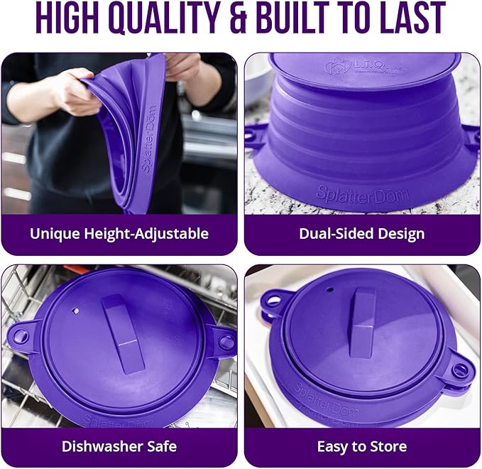 L.I.Q Silicone Splatter Guard – Fits 10 and 12 Inch Pots (25 and 30 Centimeters) – Microwave Safe and Durable SplatterDom - Includes 10” Lid - Food and Oil Splash Guard (Violet, Large)