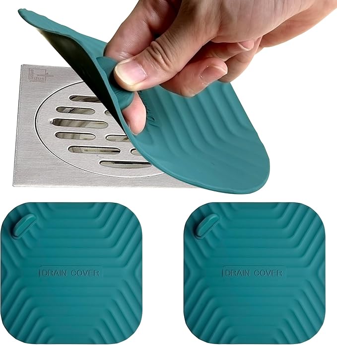 Shower Drain Cover Tub Stopper,2 Pieces Sewer Anti-Odor Mat Deodorizing Drain Plugs for Kitchen,Bathroom and Laundry(5.9x5.9 inch) Blackish Green