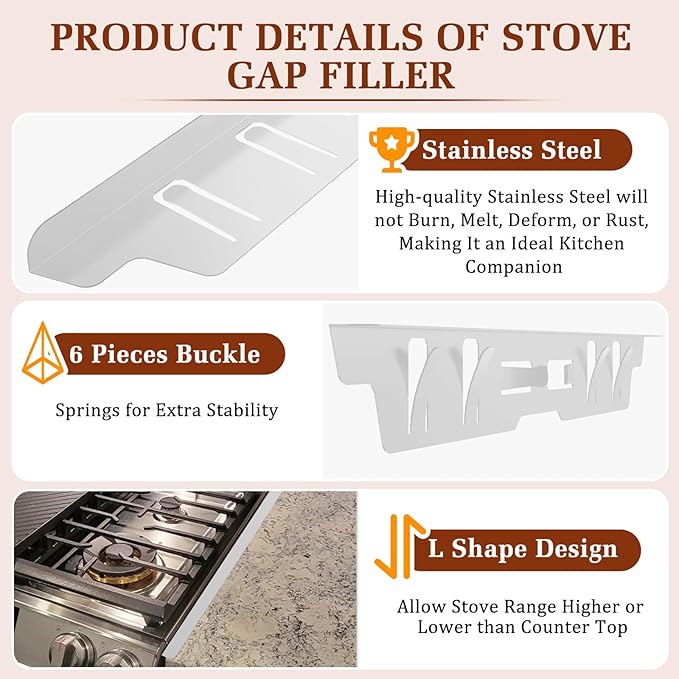 Stainless Steel Gap Covers - Oven Gap Filler Kit 23.4" Between Stove & Counter Top - Heat Resistant Slide-in Range Trim Guard for Seamless Kitchen Accessories Easy Clean (White)