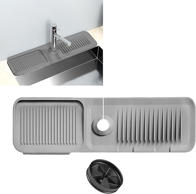 Faucet Mat for Kitchen Sink - Kitchen Sink Splash Guard with FREE Rubber Drain Insert - Faucet Guard Draining Mat, Faucet Mat Dish Soap Sponge Holder for Kitchen Sink (Gray, 18 Inch)