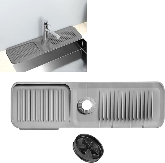 Faucet Mat for Kitchen Sink - Kitchen Sink Splash Guard with FREE Rubber Drain Insert - Faucet Guard Draining Mat, Faucet Mat Dish Soap Sponge Holder for Kitchen Sink (Gray, 18 Inch)
