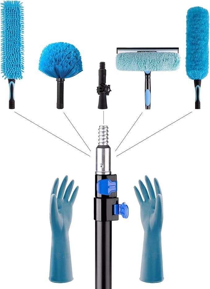 16 Foot High Reach Ceiling Fan Duster with 4.5-8ft Heavy Duty Extension Pole, Microfiber Feather, Cobweb Duster, Window Squeegee Kit Cleaner, Cleaning Gloves