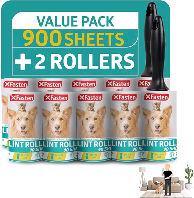 XFasten Lint Rollers for Pet Hair - Extra Sticky (900 Sheets/10 Refills/2 Upgrade Handles) Heavy Duty Portable Lint Remover Brush for Clothes, Dog Cat Furniture