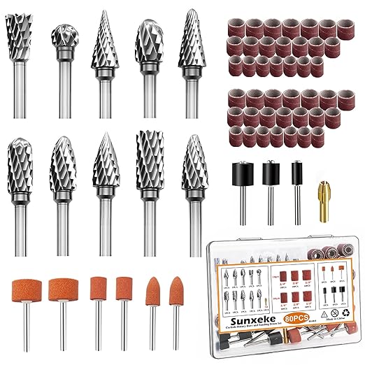 80PCS Tungsten Carbide Rotary Burr Set with Sanding Drums,1/8-Inch Shank Dual Cut for Dremel Tools,Metal Steel Aluminum Wood Engraving Grinding Cutting Polishing Rotary Tool Accessories