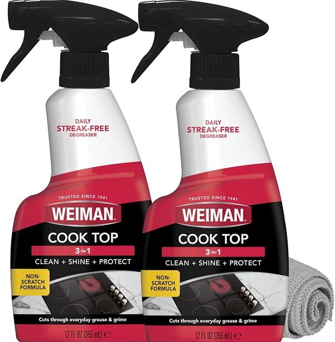 Weiman Cooktop Daily Cleaner & Polish For Ceramic; Glass; Induction Stovetops with Micro Fiber Buffing Towel Included; 12 oz 2 Pack