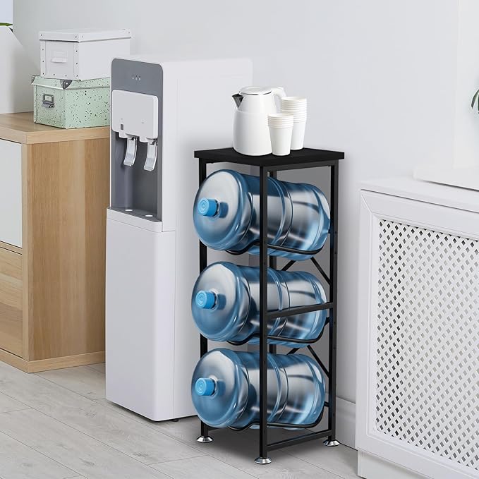 5 Gallon Water Jug Holder, 3-Tier Water Bottle Holder with Wood Top Shelf, Heavy Duty Water Cooler Jug Rack, Storage Stand for Kitchen Office and Living Room, Black