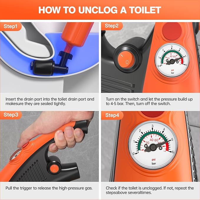 Electric toilet plunger,Toilet Auger with Pressure Gauge, Electric Drain Snake for Clogged Toilet, High-Pressure Toilet Auger, plungers for bathroom,Pneumatic Toilet Auger Tool