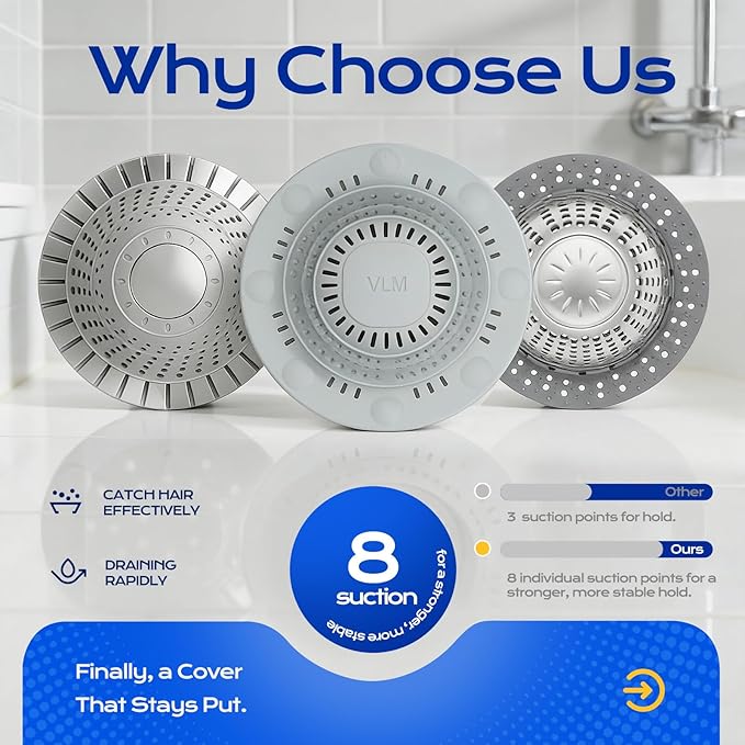 VLM 2 Pack Shower Hair Drain Catcher, Collapsible Silicone Hair Catcher Shower Drain with 8 Suction Cups - Drain Hair Catcher for Bathtub, Shower, Laundry, Sink,with Large Size & Bottom Drain Holes