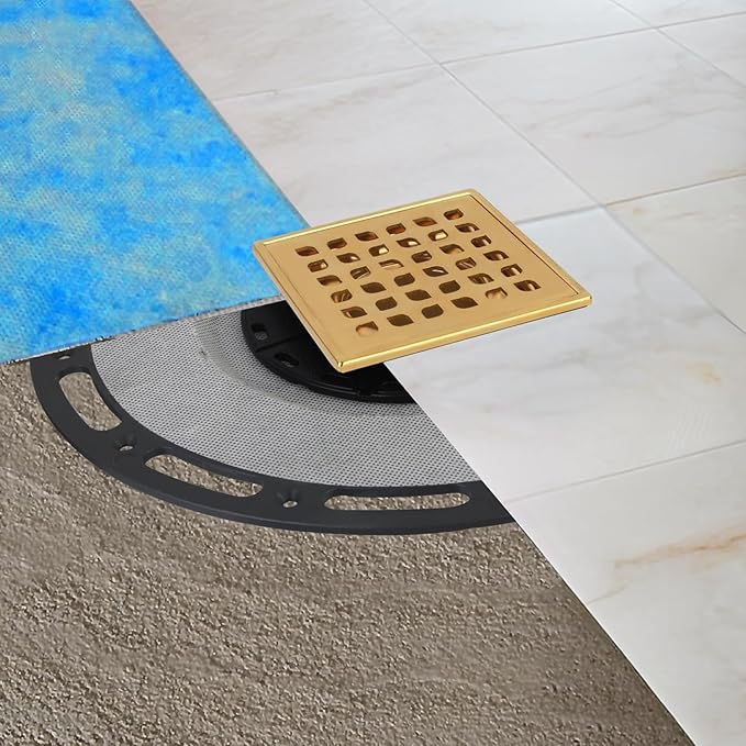 Square Shower Drain, 4-Inch Polished Gold Kit with Bonding Flange, Removable Stainless Steel Grate, Drain Key & Hair Strainer, Fits 2" & 3" Pipes for Tiled Floors