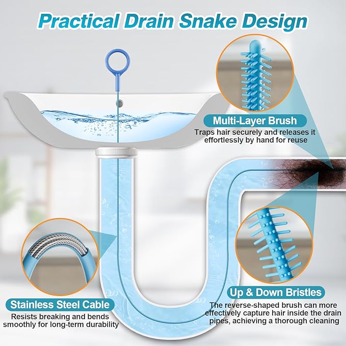 4 Pack Snake Drain Hair Removal Tool, Reusable Drain Snake Hair Drain Clog Remover Tool, 50 Inch Anti-break Steel Shower Drain Snake for Bathtub, Bathroom Sink Drain Unclog