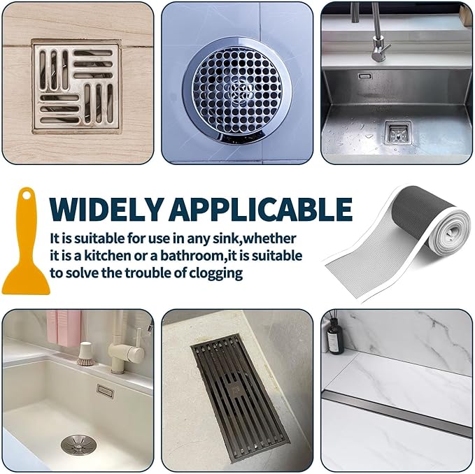 2 PCS 4.7 Inch x 33 FT Disposable Shower Drain Screen Self-Adhesive Stickers, with Cleaning Shovel, Showers Drain Hair Catcher, Shower Drain Mesh Stickers for Bathroom Kitchen Sink