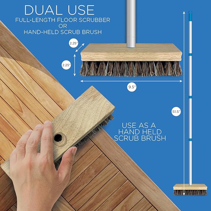 LOLA Heavy-Duty Deck Scrub Brush, 9" x 3.5" Head w/Palmyra & PVC Bristles for Outdoor Cleaning, Removes Dirt & Grime from Patios, Decks, Grout, 1 CT