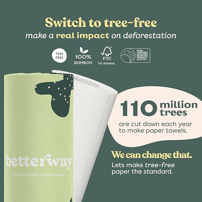 Betterway Bamboo Paper Towels - 24 Rolls, 2 Ply - Plastic Free, Disposable Kitchen Paper Towels - Select Size, Tree Free, Compostable, Strong & Absorbent