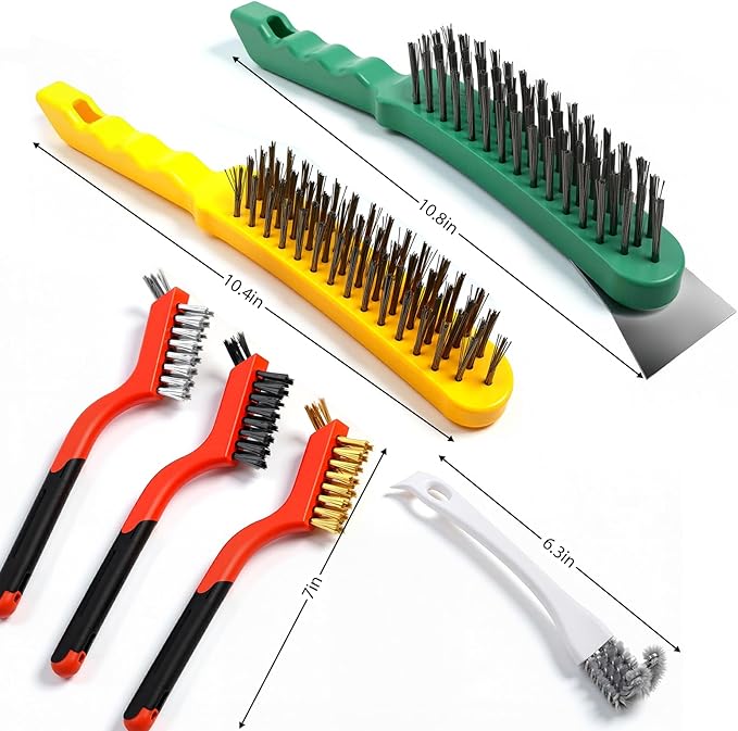 6 Pcs Heavy-Duty Cleaning Brush Set with Stainless Steel Brushes & Scraper - Includes U-Shape Brush, Dual-Head Brass/Nylon Brushes for Gas Stoves, Grills, Rust, Grease & Surface Prep