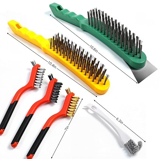 6-Piece Heavy-Duty Stainless Steel Wire Brush Set with Scraper & U-Shape Brush - Dual-Head Brass/Nylon/Steel Bristles for Gas Stoves, Grills, Engines, Rust, Grease, Carbon Build-Up & Surface Prep